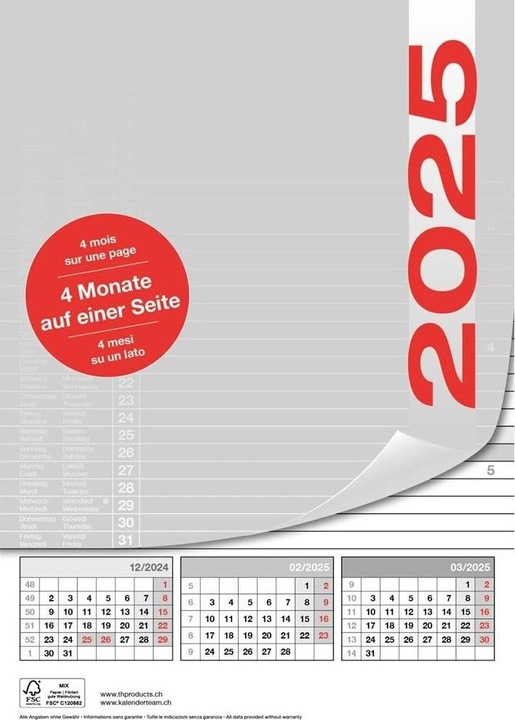 Produktbild 4-Monatskalender Bürokalender 21 x 29.7 cm (21 x 29.7 cm, Deutsch, Französisch, Italienisch, Englisch)