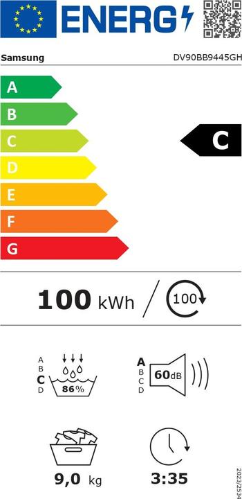 Energy Label Samsung DV90BB9445GHS5 (9 kg, Right)