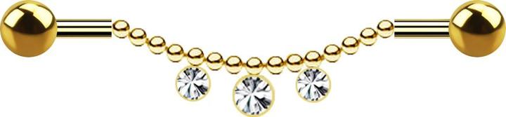 Image du produit Star Piercing Barbell plaqué or deux boules chaîne trois cristaux argent (Acier chirurgical 316L, sans laiton)