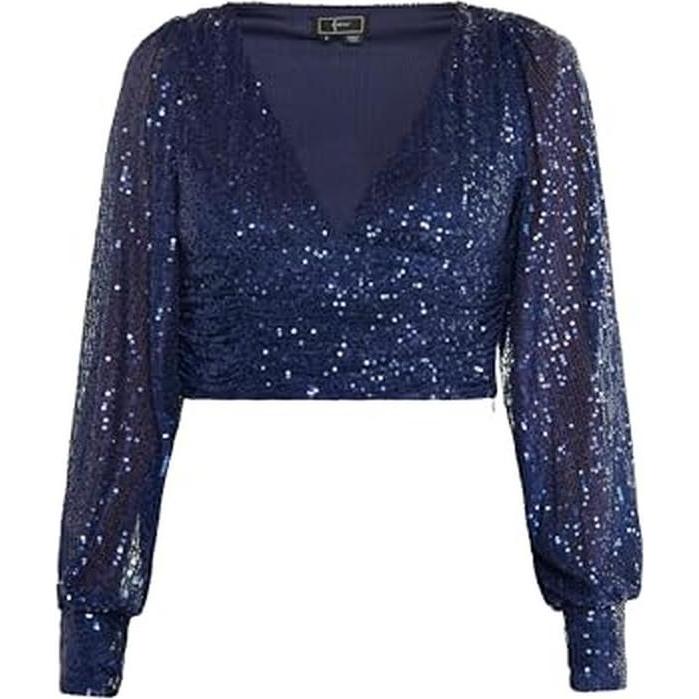 Tweek, Camicetta, Top con paillettes, scollo a V profondo, maniche a sbuffo, chiusura laterale, (M)