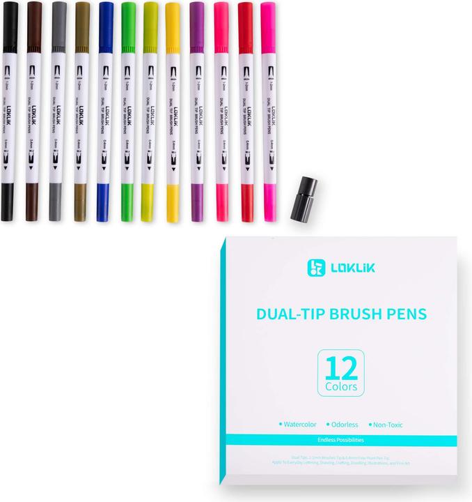 Actual product image Loklik Dual Tip Brush Pens - 12 colours
