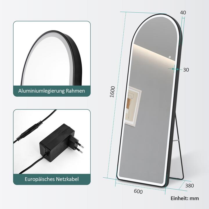 Actual product image Emke Arch Freestanding Mirror with Illumination, 3 Colour Temperatures, Aluminium Frame, 60*160cm, Black (60 x 160 cm)