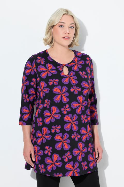 Immagine prodotto Ulla Popken Maglia dal taglio lungo e svasato con fiori, scollo a girocollo e maniche a 3/4 (46, 48)