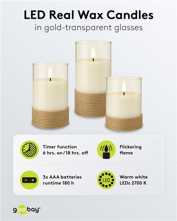Actual product image Goobay 3er-Set LED-Echtwachs-Kerzen im Glas, weiss, mit Hanf umwickelt (3 x)
