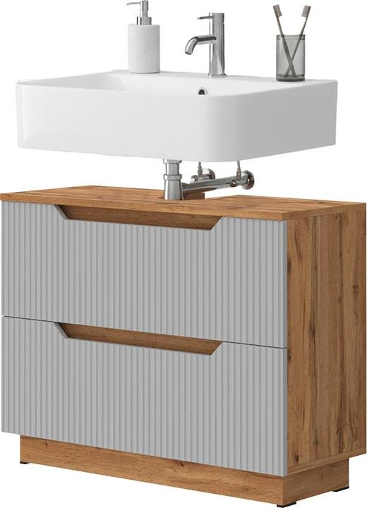 Actual product image Vicco Waschbeckenunterschrank Lotta, Eiche/grau gestreift, 79.6 x 62.5 cm mit 2 Schubladen (79.60 x 32 x 62.50 cm)
