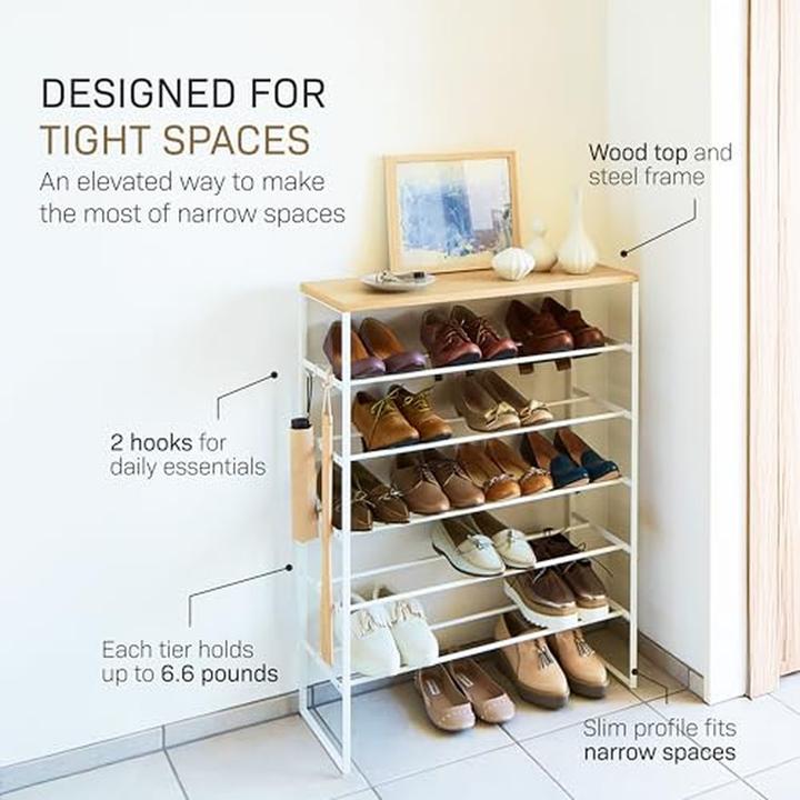 Produktbild Yamazaki 6-stöckiges Schuhregal mit Holzablage TOWER (66 x 25 x 87 cm)