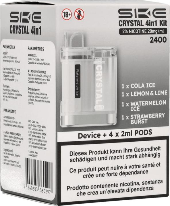Produktbild SKE Crystal 4in1 Kit, 2 % Nikotin 20 mg/ml 2400 (Device + 4 x 2 ml Pods) (Cola)