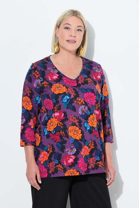 Actual product image Ulla Popken Vibrant Floral Empire Knit 3/4 Sleeve Tee (50, 52)