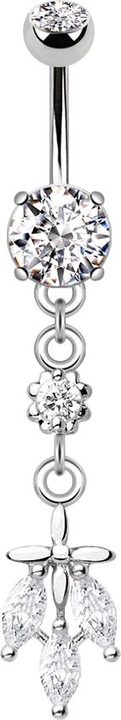 Produktbild Star Piercing Banane silber mit zwei Kugeln Kristall silber Anhänger drei Kristallblätter (Chirurgenstahl 316L, Messing)