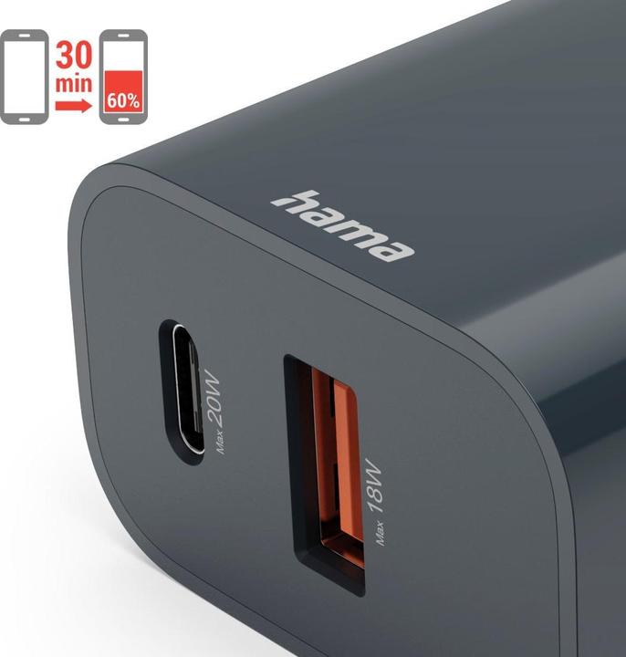 Actual product image Hama Fast charger, USB-C, USB-A, Power Delivery (PD), 20 W, anthracite (20 W)