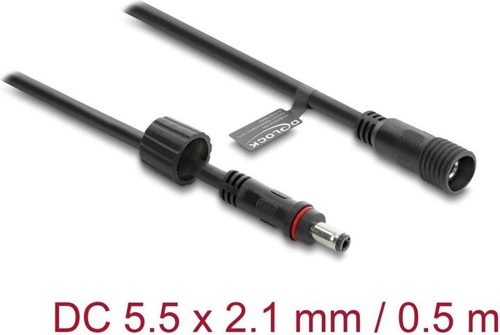 Produktbild Delock DC Verlängerungskabel 5,5 x 2,1 mm Stecker zu Buchse mit Schraubverschluss M12 x 1,75 mm Gewinde wa (0.50 m)