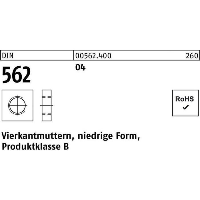 Muttern + Unterlegscheiben, Vierkantmutter DIN 562 niedrige Form M 5 Automatenstahl