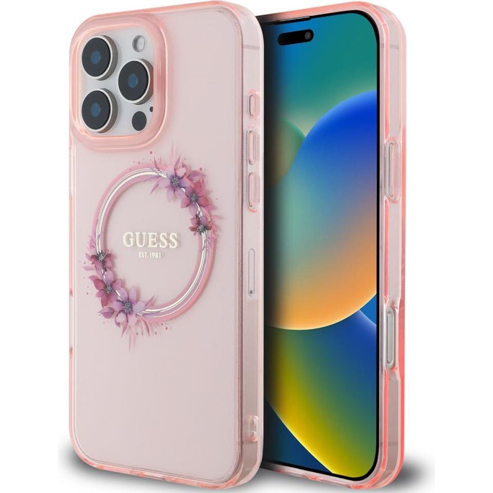 Guess GUHMP16XHFWFCP iPhone 16 Pro Max 6.9" różowy/pink hardcase IML Flowers Wreath MagSafe (Apple iPhone 16 Pro Max), S...