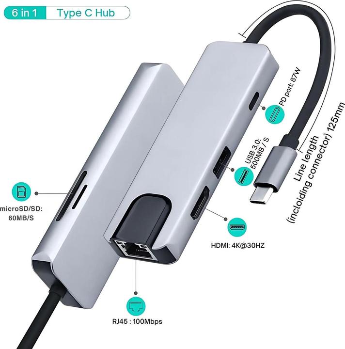 Produktbild Hermex Dockingstation Multi USB-Hub USB-C 6in1 USB-A 3.0 HDMI 4K microSD/SD RJ45 (USB-C, 6 Ports)