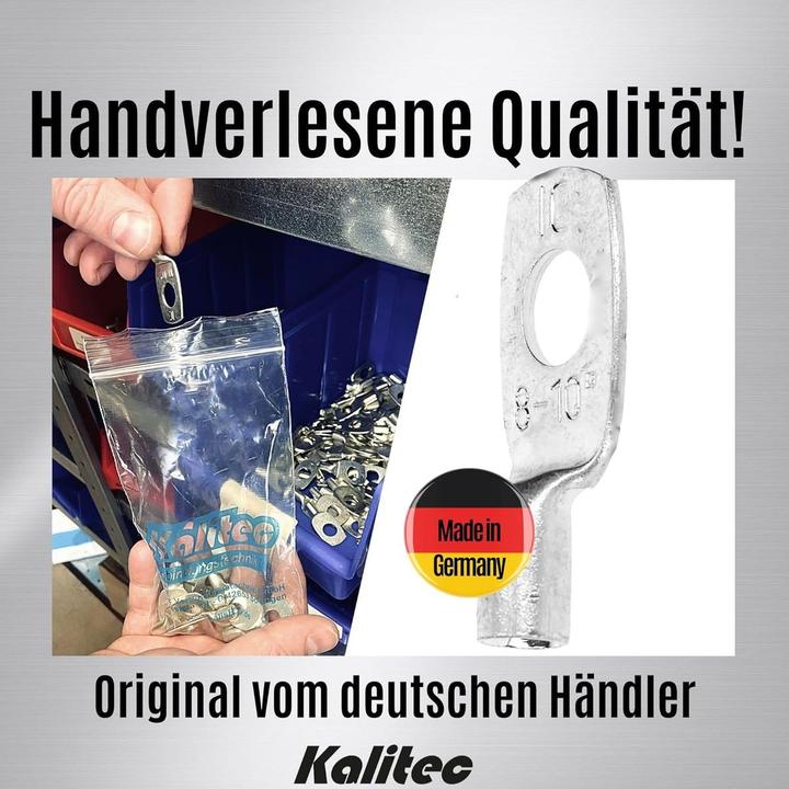 Produktbild Kalitec 10 Stück HR10-8 Handelsübliche Rohrkabelschuhe 10mm² M8 I ohne Sichtloch I Made in Germany