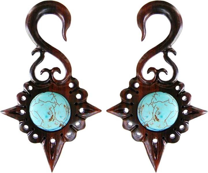 Produktbild Star Piercing Ohrgewicht Spirale Amulett mit Türkis Stein aus Narra Holz (2stk) (ohne Messing, Mineralisch, Organisch)