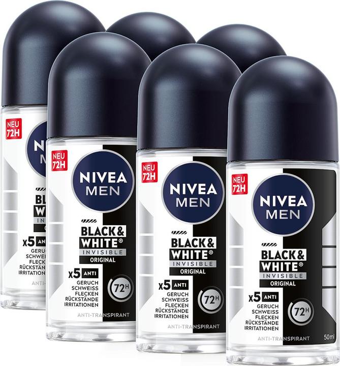 Produktbild NIVEA MEN Multipack Black & White Invisible Original Roll-on (6 Stück) (Roll-on, 50 ml)