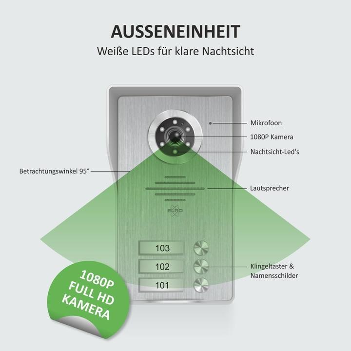 Actual product image Elro Wifi IP Video Door Intercom Kit for 3 Apartments with 1080P Full HD Camera and Night Vision