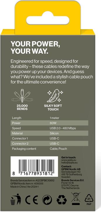 Produktbild Aqiila Cablebird CS11 - USB-C to USB-C Silicon cable, 60W (1m) - White (1 m, USB 2.0, 60 W)