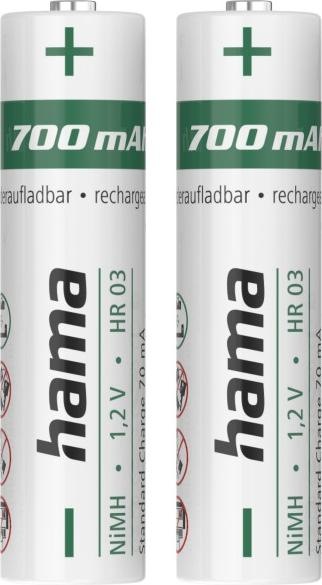 Immagine prodotto Hama Batterie ricaricabili NiMH, AAA Micro, 700 mAh 1.2V, 2 pezzi (2 pz., AAA, 700 mAh)