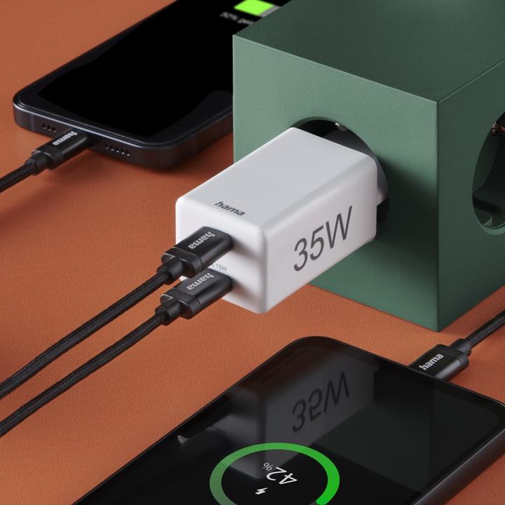 Actual product image Hama Quick Charger, 2x USB-C, PD/Qualcomm®, Mini Charger, 35 W, White (35 W, 2 ports)