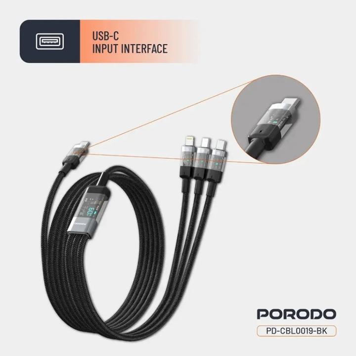 Image du produit Porodo 4-IN-1 Digital-Display Schnellladung 1m Kabel TypC auf C+L+M 66W - Schwarz (1 m, USB 2.0, 60 W)