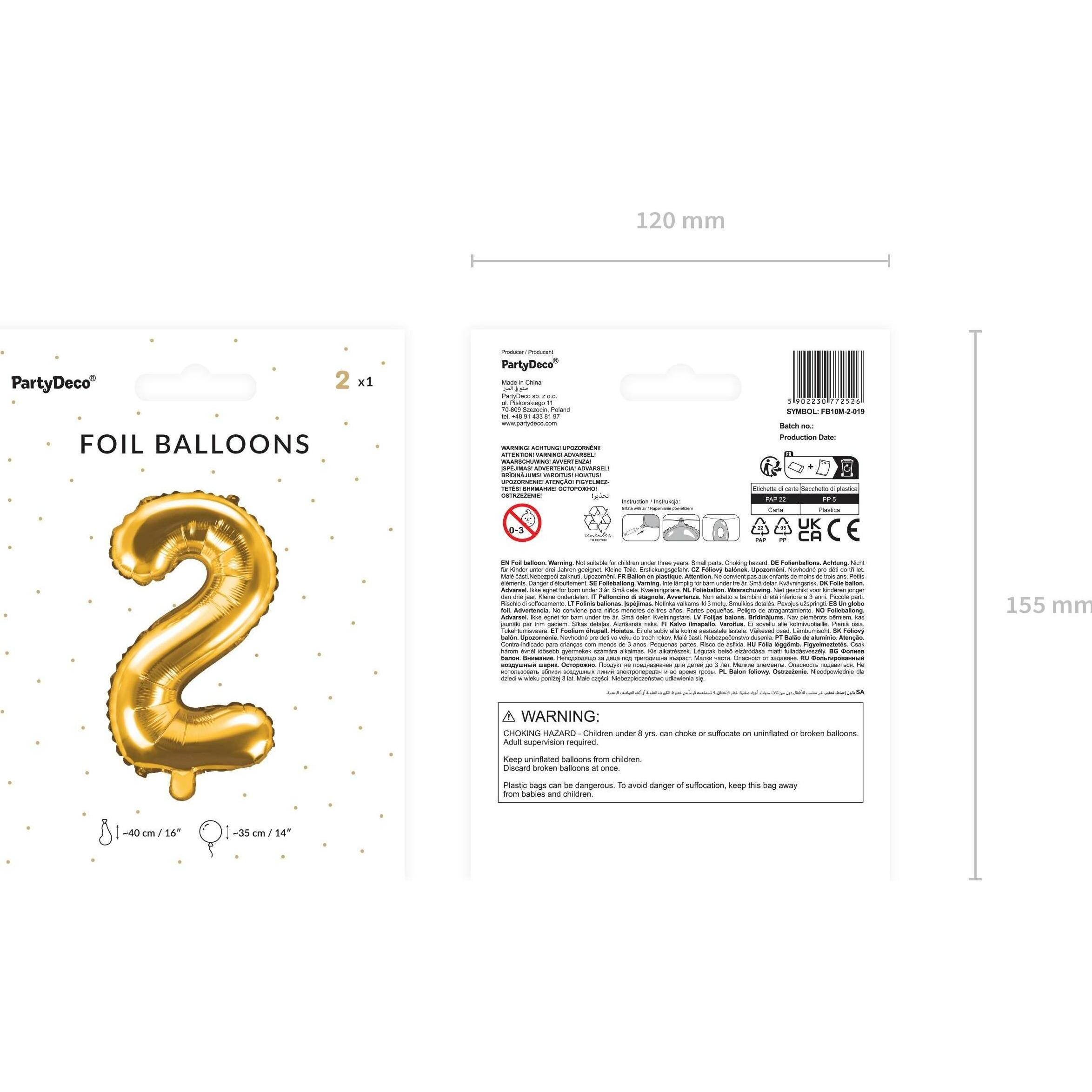 Thumbnail - Partydeco Zahlenballon Folie 2 Gold 35-40 cm