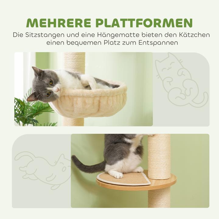Produktbild PawHut Kratzbaum Spanplatte (250 cm, Eiche+Cremeweiss)