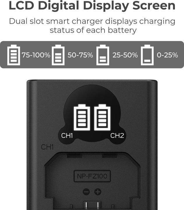K&F Concept FZ100 Digital Camera Dual Channel Type-C Charger with LCD Digital Display Screen (Kamera Akku Ladegerät)