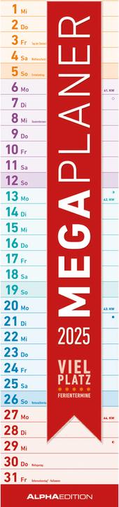 Nutritional values and ingredients Alpha Edition Megaplaner 2025 strip calendar, 15x64cm, family calendar with one column, much (German)