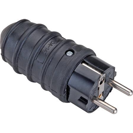 Larsen, Netzstecker + Netzkupplung, E-line Stecker schwarz - Schuko Gummi, schlagfest, 230/16A, IP44