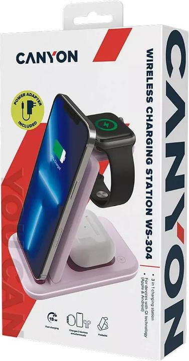 Image du produit Canyon WS-304, 3in1, station de recharge sans fil Qi pour 3 appareils en même temps, noir (15 W)