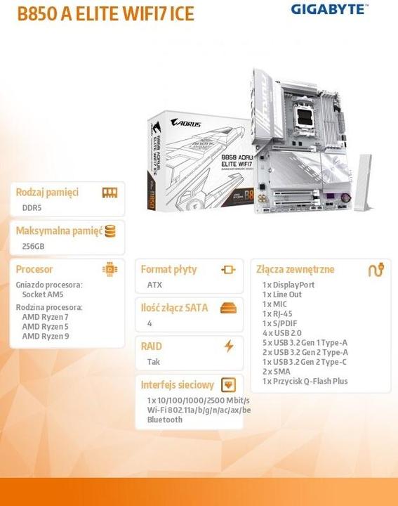 Actual product image Gigabyte B850 AORUS Elite WIFI7 ICE (AM5, AMD B850, ATX)
