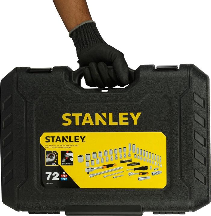 Produktbild Stanley Steckschlüsselsatz, 72-teilig, 1/2 Zoll, 1/4 Zoll, Vierkant, Typ Steckschlüssel- und Ratsch (21 mm)