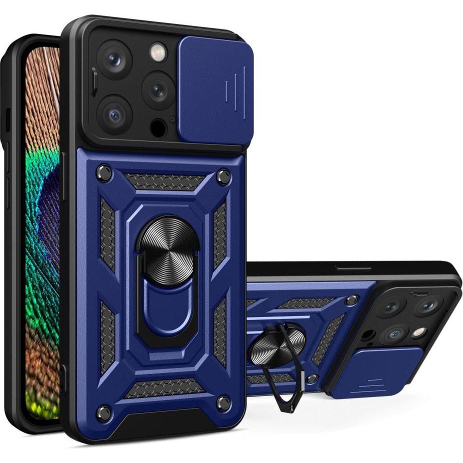 Hurtel Armor Camshield Case with Stand and Camera Cover for iPhone 15 Pro Max Hybrid Armor Camshield - Blue (Apple iPhon...
