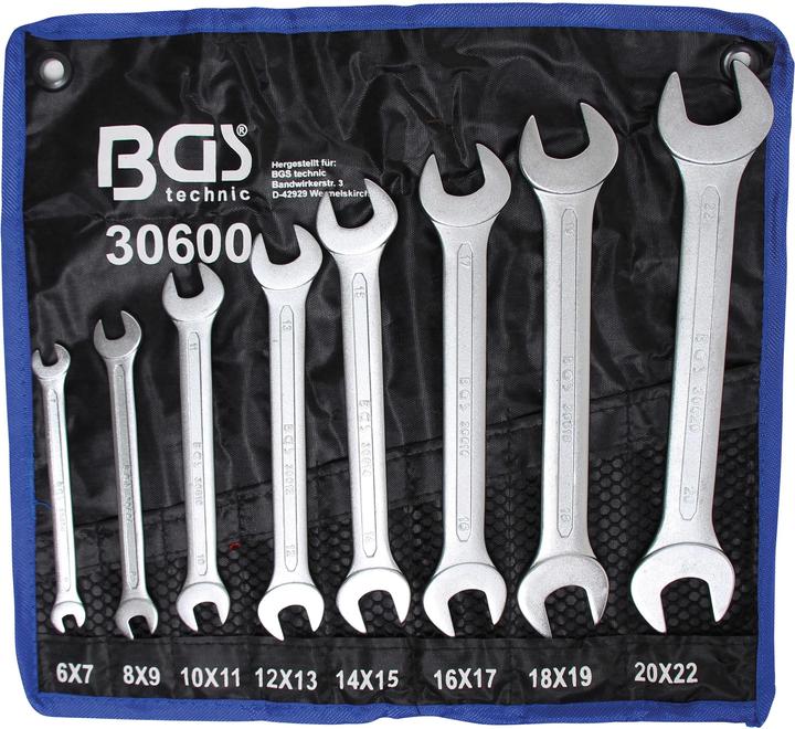 Immagine prodotto BGS Set di chiavi aperte doppie SW 6 - 22 mm 8 pezzi. (10 mm, 11 mm, 12 mm, 13 mm, 14 mm, 15 mm, 16 mm, 17 mm, 18 mm, 19 mm, 20 mm, 22 mm, 6 mm, 7 mm, 8 mm, 9 mm)