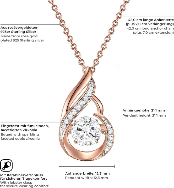 Image du produit Rafaela Donata Femme argent sterling zirconium or rose 42,0 cm chaîne de base + 7,0 cm extension - 11058 (Argent sterling plaqué or rose 18 carats, 42 - 49 cm)