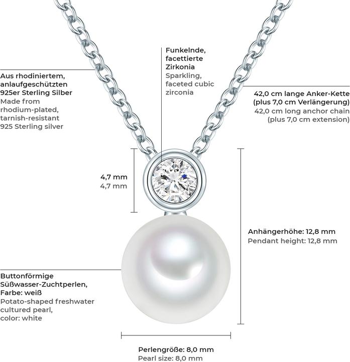 Image du produit Valero Pearls Femmes argent sterling zirconium perle d'eau douce de culture argent 42,0 cm chaîne de base + 7,0 (Argent sterling rhodié, 42 - 49 cm)