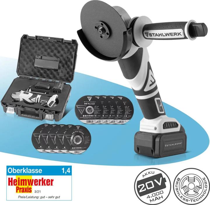 Produktbild Stahlwerk Brushless Akku Winkelschleifer  AWS-20 ST 20V/4Ah, 0 - 7500 min-1 (125 mm)