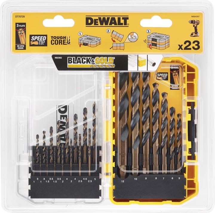 Productafbeelding DeWalt HSS-draaiboorset 1mm 12mm, 23 stuks, voor diverse materialen (1 mm, 1,5 mm, 10 mm, 114 mm, 12 mm, 2 mm, 2,5 mm, 3 mm, 3,5 mm, 4 mm, 4,5 mm, 5 mm, 6 mm, 7 mm, 8 mm, 9 mm)