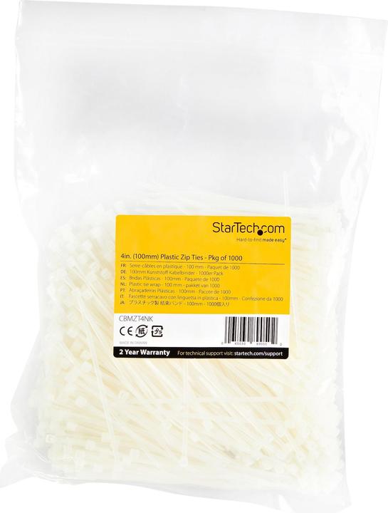 Produktbild StarTech 10cm(4") Cable Ties, 2mm(1/16") wide, 22mm(7/8") Bundle Diameter, 8kg(18lb) Tens (Kunststoffkabelbinder, 3 mm, 1000 Stk.)