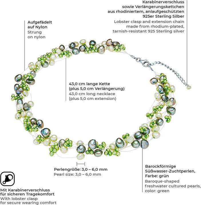 Produktbild Valero Pearls Damen Sterling Silber Süsswasser-Zuchtperle silber 43,0 cm Basiskette + 5,0 cm Verlängerung - 3076 (Sterling Silber, 43 - 48 cm)