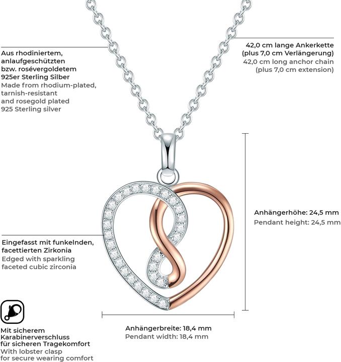 Immagine prodotto Rafaela Donata Cuore da donna in argento sterling con zirconia cubica argento/oro rosa 42,0 cm di catena base + (Argento, 42 - 49 cm)