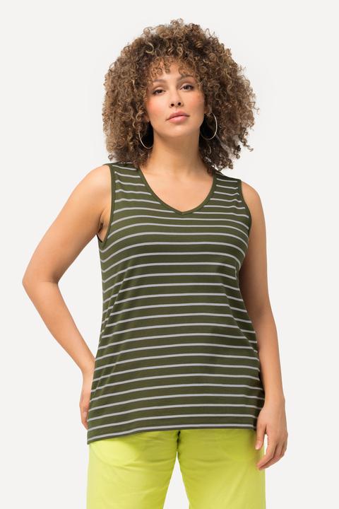 Actual product image Ulla Popken 2 Pack of V-Neck Cotton Knit Tanks - Stripe, Solid (46, 48)