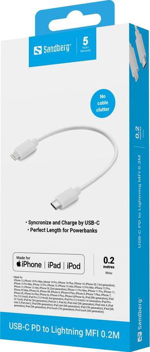 Actual product image Sandberg USB-C PD to Lightning MFI 0.2M (0.20 m, USB 3.2 Gen 1)