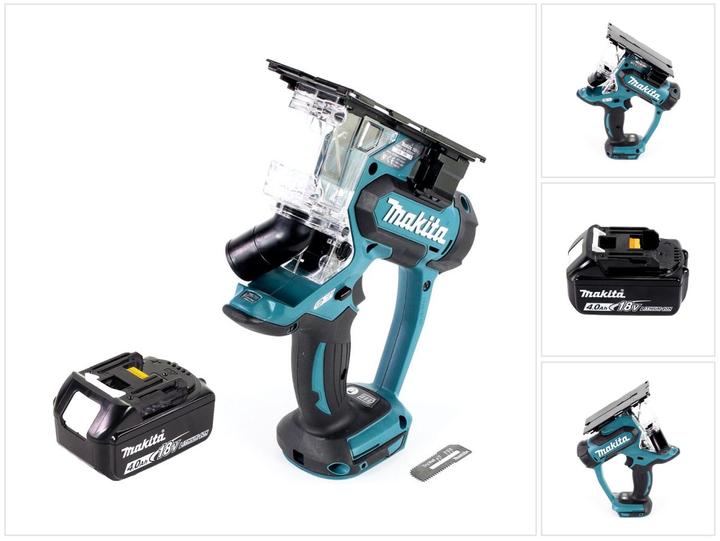 1x Makita DSD 180 accu-gipsplaatzaag, 1x zaagblad voor gips 55 x 18 x 0,55 mm, 1x inbussleutel, 1x spanen- en stofvanger, 1x Makita BL 1840 B 18 V 4,0 Ah accu, zonder oplader