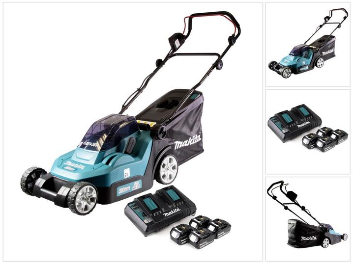 Actual product image Makita DLM 432 PM4 Tondeuse à gazon sans fil à 36 V (2x 18 V) 43 cm brushless + 4x Batteries 4.0 Ah (Rechargeable battery operated)