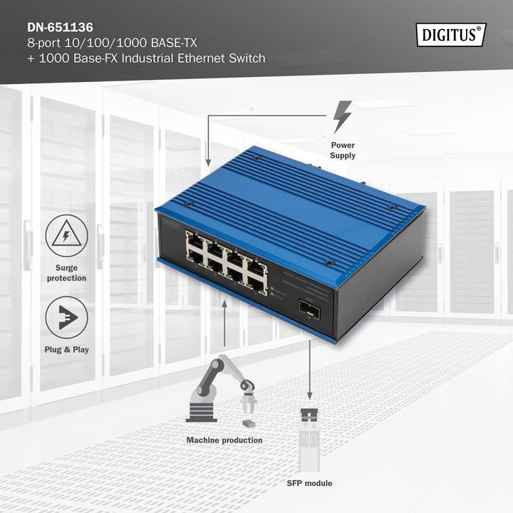 Produktbild Digitus 8-port 10/100/1000BASE-TX+1000Base-FX Industrial Ethernet Switch (8 Ports)