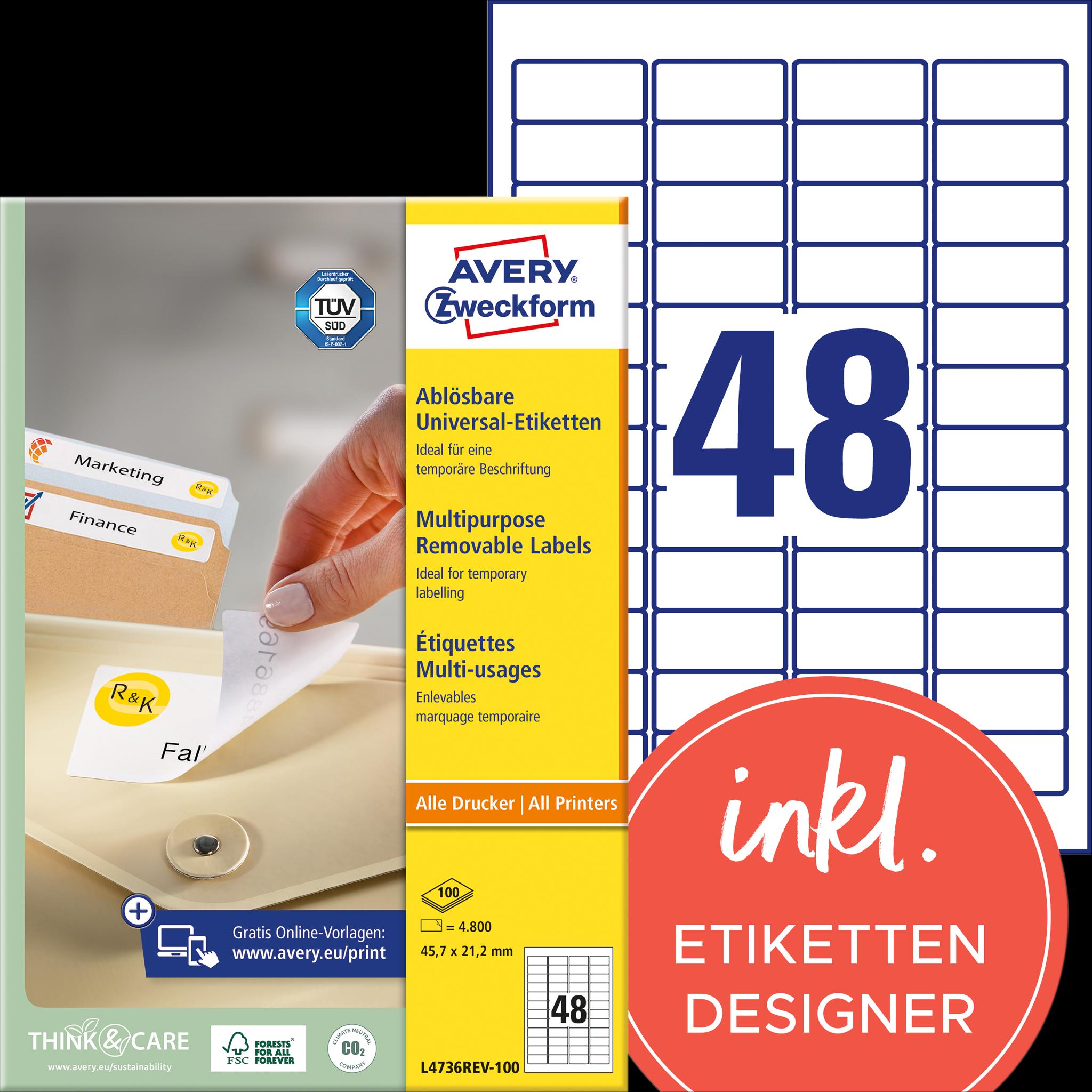 Avery, Etiketten, Universal-Etiketten L4736REV-100 45.7 x 21.2 mm