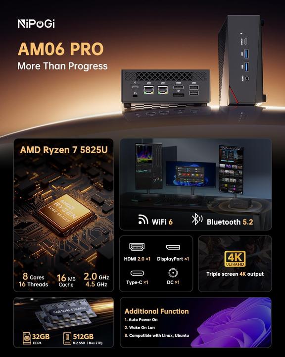 Image du produit NiPoGi Mini PC AM06 PRO mit Ryzen 7 5825U, WiFi 6 und 4K Triple Display (AMD Ryzen 7 5825U, 32 Go, 512000 Go)